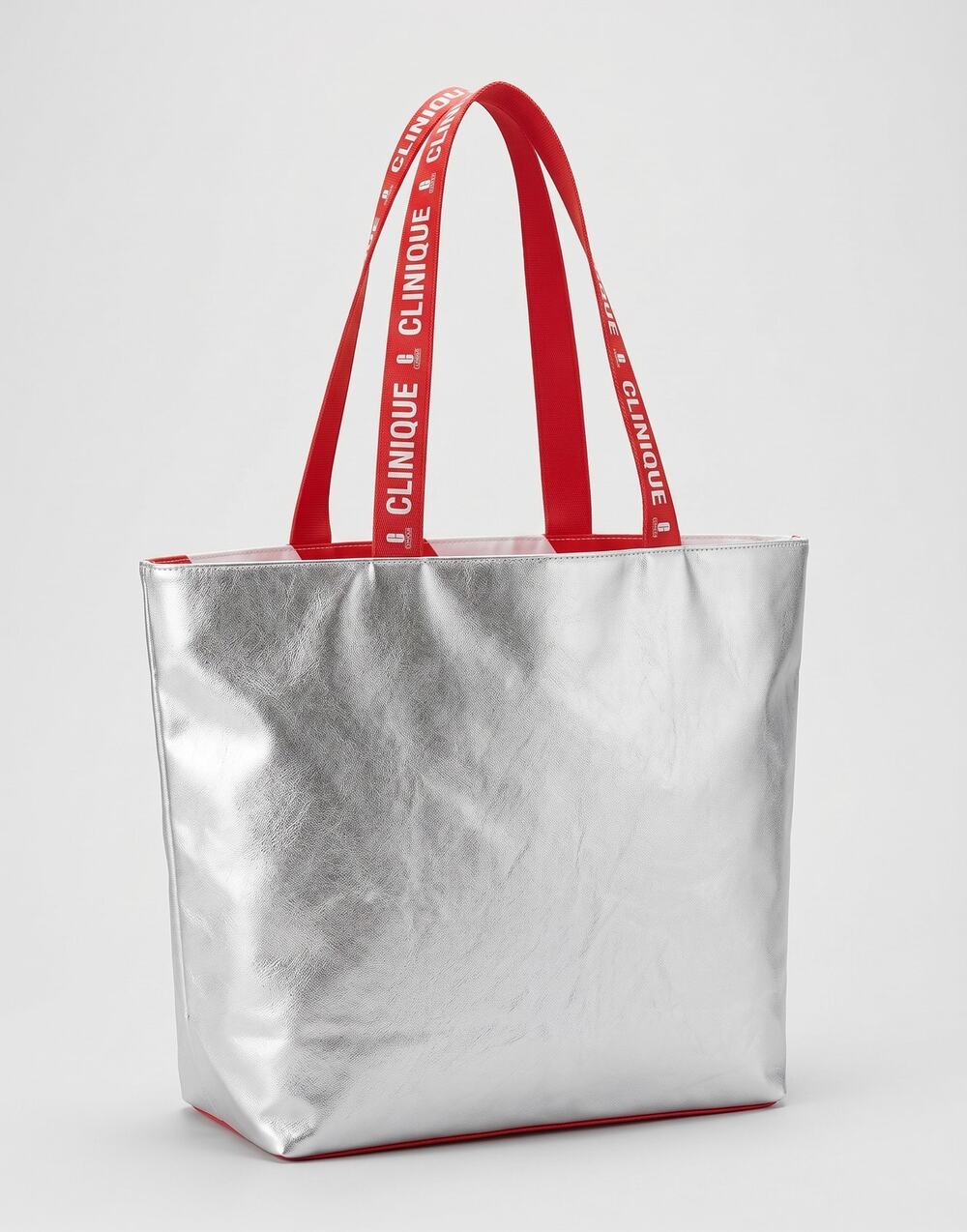 NWOT Clinique Silver Red Metallic Tote Bag